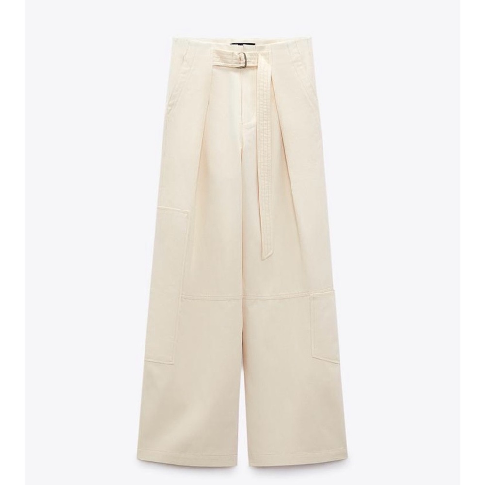 Zara Cream Wide-Leg Belted Pants